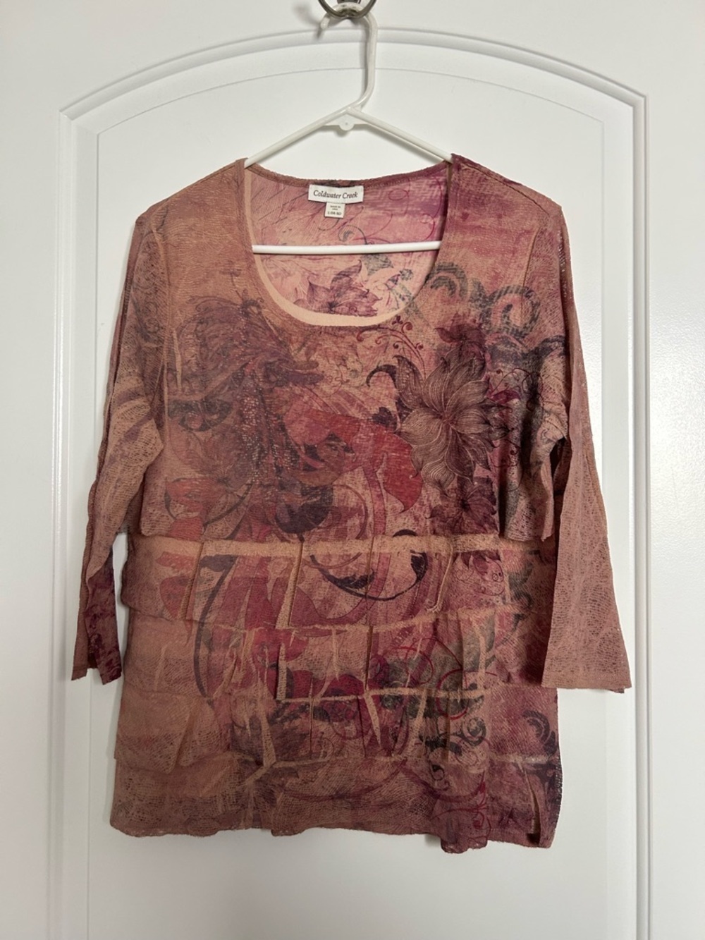 Vintage 90s Fairy Y2K Women's Dusty Rose Floral-Print Blouse Whimsigoth Size L